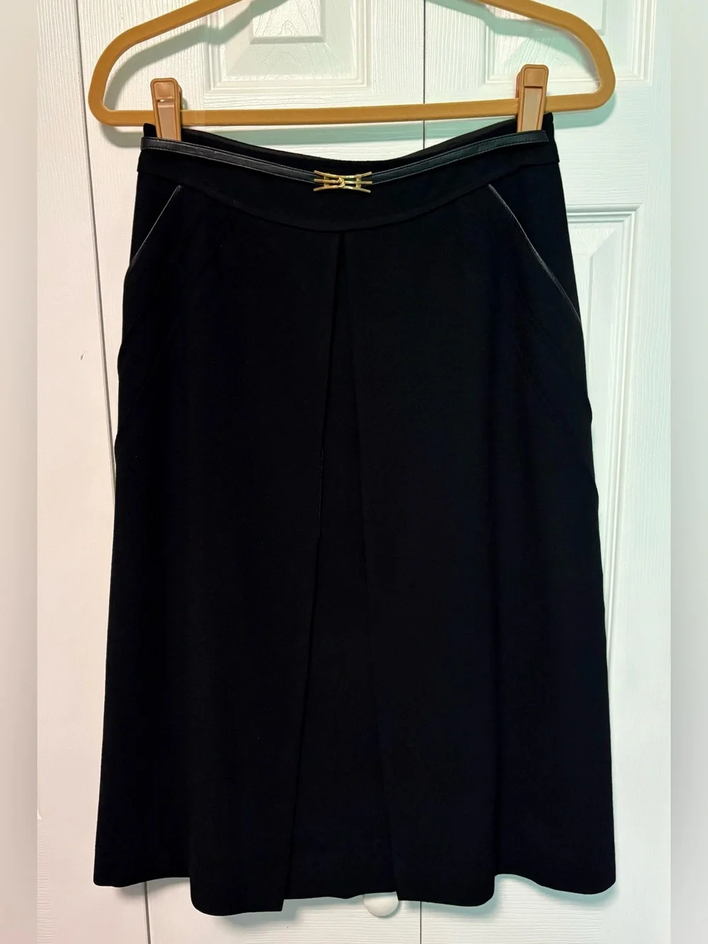 Vintage Beautifully Made Midnight Navy Blue Skirt with Gold Tone Faux Buckle